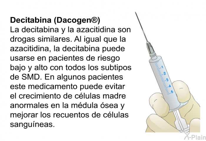 Decitabina (Dacogen ) La decitabina y la azacitidina son drogas similares. Al igual que la azacitidina, la decitabina puede usarse en pacientes de riesgo bajo y alto con todos los subtipos de SMD. En algunos pacientes este medicamento puede evitar el crecimiento de c�lulas madre anormales en la m�dula �sea y mejorar los recuentos de c�lulas sangu�neas.