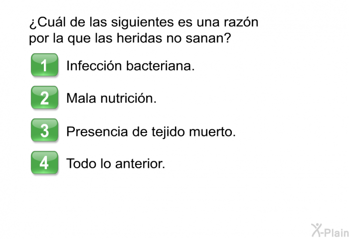 ¿Cul de las siguientes es una razn por la que las heridas no sanan?  Infeccin bacteriana. Mala nutricin. Presencia de tejido muerto. Todo lo anterior.