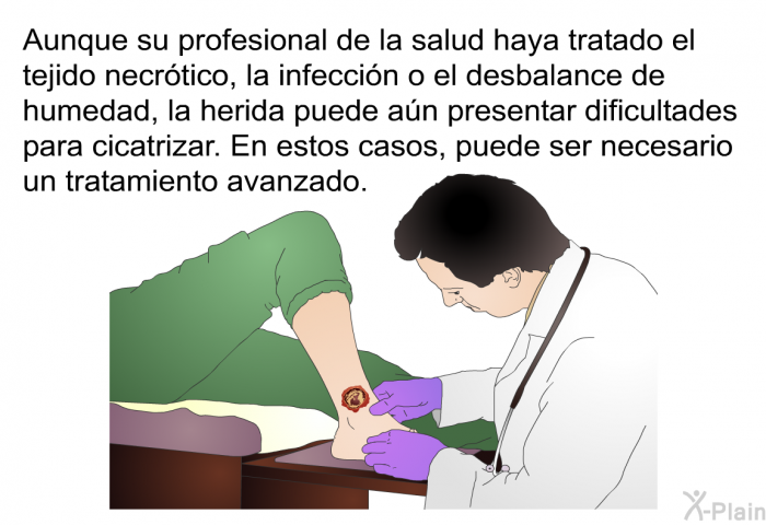 Aunque su profesional de la salud haya tratado el tejido necrtico, la infeccin o el desbalance de humedad, la herida puede an presentar dificultades para cicatrizar. En estos casos, puede ser necesario un tratamiento avanzado.