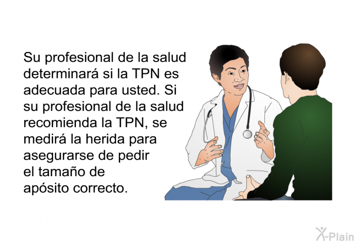 Su profesional de la salud determinar si la TPN es adecuada para usted. Si su profesional de la salud recomienda la TPN, se medir la herida para asegurarse de pedir el tamao de apsito correcto.