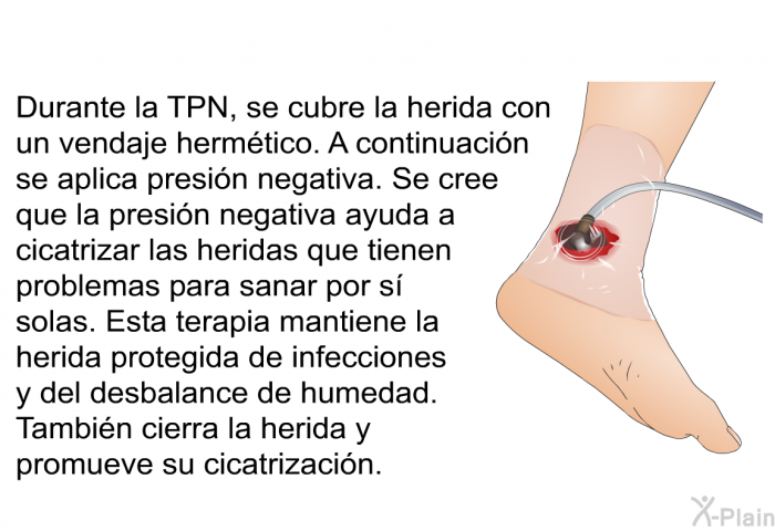 Durante la TPN, se cubre la herida con un vendaje herm�tico. A continuaci�n se aplica presi�n negativa. Se cree que la presi�n negativa ayuda a cicatrizar las heridas que tienen problemas para sanar por s� solas. Esta terapia mantiene la herida protegida de infecciones y del desbalance de humedad. Tambi�n cierra la herida y promueve su cicatrizaci�n.