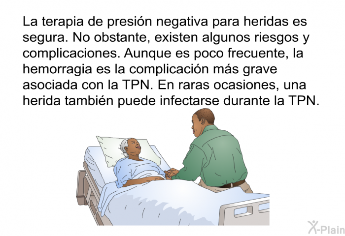 La terapia de presi�n negativa para heridas es segura. No obstante, existen algunos riesgos y complicaciones. Aunque es poco frecuente, la hemorragia es la complicaci�n m�s grave asociada con la TPN. En raras ocasiones, una herida tambi�n puede infectarse durante la TPN.