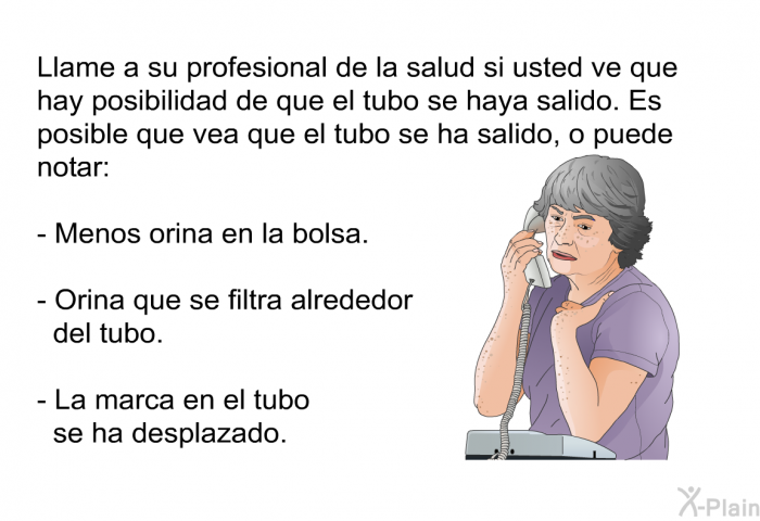 Llame a su profesional de la salud si usted ve que hay posibilidad de que el tubo se haya salido. Es posible que vea que el tubo se ha salido, o puede notar:  Menos orina en la bolsa. Orina que se filtra alrededor del tubo. La marca en el tubo se ha desplazado.