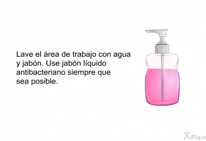 Lave el �rea de trabajo con agua y jab�n. Use jab�n l�quido antibacteriano siempre que sea posible.
