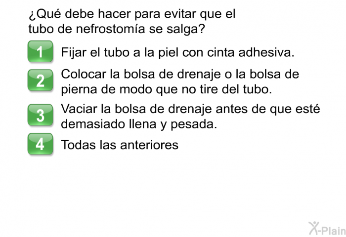 &iquest;Qu� debe hacer para evitar que el tubo de nefrostom�a se salga?  Fijar el tubo a la piel con cinta adhesiva. Colocar la bolsa de drenaje o la bolsa de pierna de modo que no tire del tubo. Vaciar la bolsa de drenaje antes de que est� demasiado llena y pesada. Todas las anteriores.