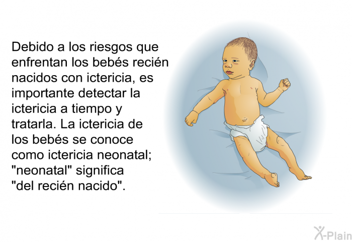 Debido a los riesgos que enfrentan los bebs recin nacidos con ictericia, es importante detectar la ictericia a tiempo y tratarla. La ictericia de los bebs se conoce como ictericia neonatal; “neonatal” significa “del recin nacido”.