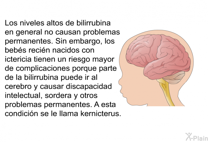 Los niveles altos de bilirrubina en general no causan problemas permanentes. Sin embargo, los bebs recin nacidos con ictericia tienen un riesgo mayor de complicaciones porque parte de la bilirrubina puede ir al cerebro y causar discapacidad intelectual, sordera y otros problemas permanentes. A esta condicin se le llama kernicterus.