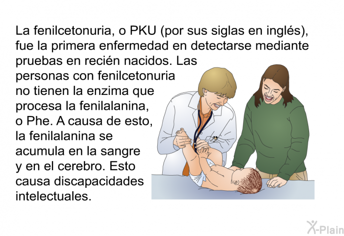 La fenilcetonuria, o PKU (por sus siglas en ingls), fue la primera enfermedad en detectarse mediante pruebas en recin nacidos. Las personas con fenilcetonuria no tienen la enzima que procesa la fenilalanina, o Phe. A causa de esto, la fenilalanina se acumula en la sangre y en el cerebro. Esto causa discapacidades intelectuales.