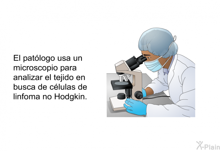 El patlogo usa un microscopio para analizar el tejido en busca de clulas de linfoma no Hodgkin.