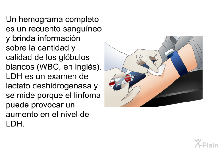 Un hemograma completo es un recuento sanguneo y brinda informacin sobre la cantidad y calidad de los glbulos blancos (WBC, en ingls). LDH es un examen de lactato deshidrogenasa y se mide porque el linfoma puede provocar un aumento en el nivel de LDH.