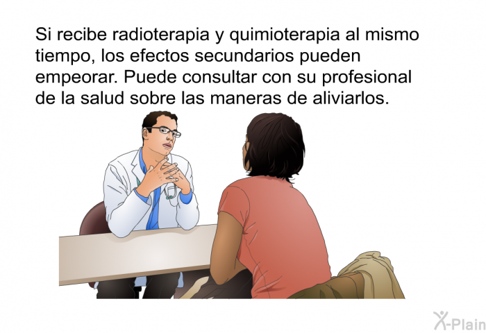 Si recibe radioterapia y quimioterapia al mismo tiempo, los efectos secundarios pueden empeorar. Puede consultar con su profesional de la salud sobre las maneras de aliviarlos.