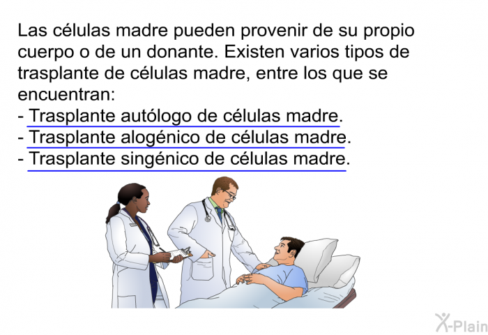 Las c�lulas madre pueden provenir de su propio cuerpo o de un donante. Existen varios tipos de trasplante de c�lulas madre, entre los que se encuentran:  Trasplante aut�logo de c�lulas madre. Trasplante alog�nico de c�lulas madre. Trasplante sing�nico de c�lulas madre.