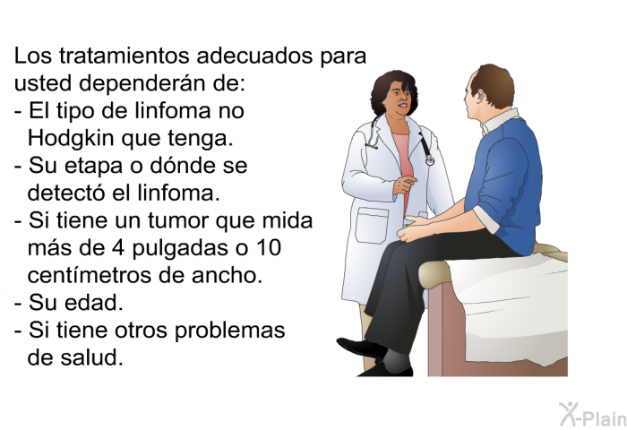 Los tratamientos adecuados para usted depender�n de:  El tipo de linfoma no Hodgkin que tenga. Su etapa o d�nde se detect� el linfoma. Si tiene un tumor que mida m�s de 4 pulgadas o 10 cent�metros de ancho. Su edad. Si tiene otros problemas de salud.