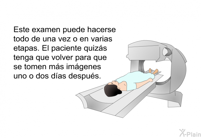 Este examen puede hacerse todo de una vez o en varias etapas. El paciente quizs tenga que volver para que se tomen ms imgenes uno o dos das despus.