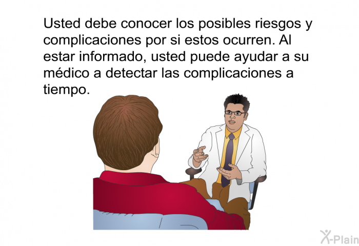 Usted debe conocer los posibles riesgos y complicaciones por si estos ocurren. Al estar informado, usted puede ayudar a su mdico a detectar las complicaciones a tiempo.