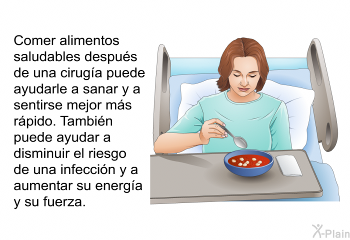 Comer alimentos saludables despus de una ciruga puede ayudarle a sanar y a sentirse mejor ms rpido. Tambin puede ayudar a disminuir el riesgo de una infeccin y a aumentar su energa y su fuerza.