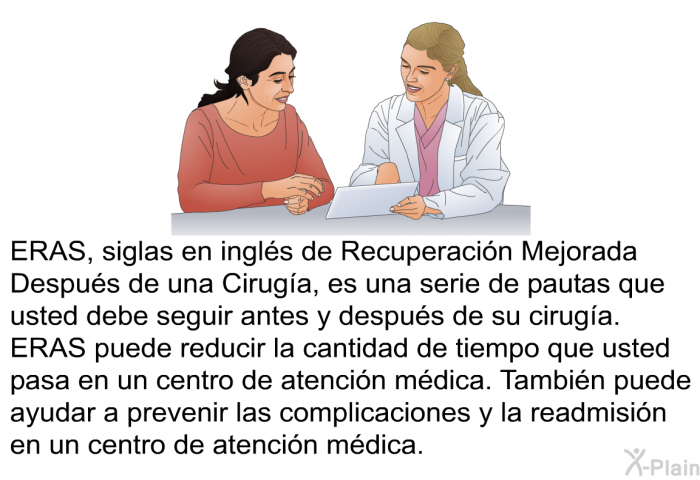 ERAS, siglas en ingls de Recuperacin Mejorada Despus de una Ciruga, es una serie de pautas que usted debe seguir antes y despus de su ciruga. ERAS puede reducir la cantidad de tiempo que usted pasa en un centro de atencin mdica. Tambin puede ayudar a prevenir las complicaciones y la readmisin en un centro de atencin mdica.