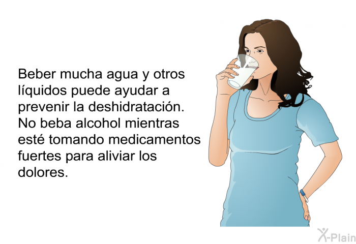 Beber mucha agua y otros lquidos puede ayudar a prevenir la deshidratacin. No beba alcohol mientras est tomando medicamentos fuertes para aliviar los dolores.