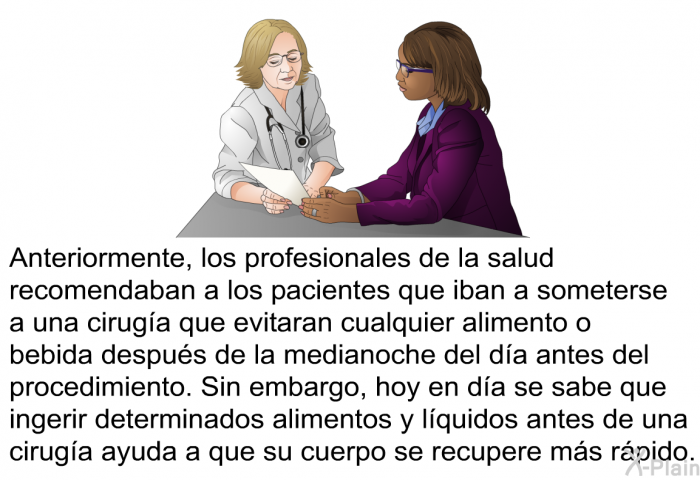 Anteriormente, los profesionales de la salud recomendaban a los pacientes que iban a someterse a una ciruga que evitaran cualquier alimento o bebida despus de la medianoche del da antes del procedimiento. Sin embargo, hoy en da se sabe que ingerir determinados alimentos y lquidos antes de una ciruga ayuda a que su cuerpo se recupere ms rpido.