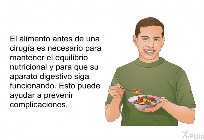 El alimento antes de una ciruga es necesario para mantener el equilibrio nutricional y para que su aparato digestivo siga funcionando. Esto puede ayudar a prevenir complicaciones.