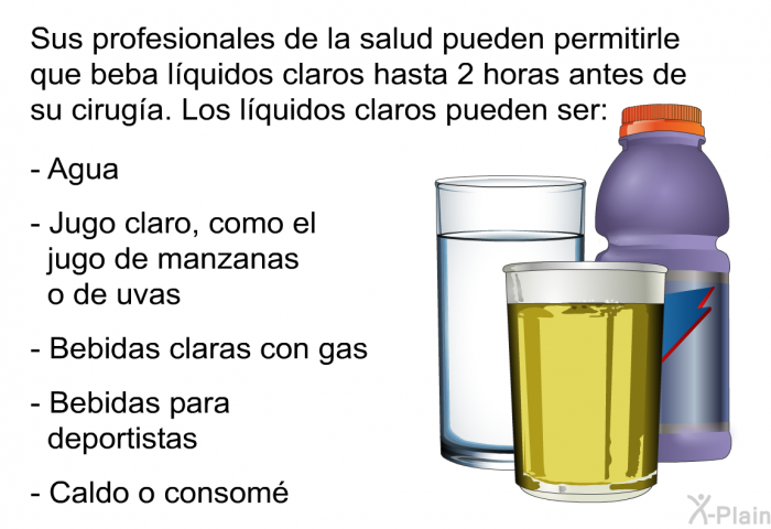 Sus profesionales de la salud pueden permitirle que beba lquidos claros hasta 2 horas antes de su ciruga. Los lquidos claros pueden ser:  Agua Jugo claro, como el jugo de manzanas o de uvas Bebidas claras con gas Bebidas para deportistas Caldo o consom