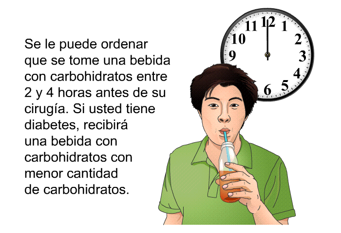 Se le puede ordenar que se tome una bebida con carbohidratos entre 2 y 4 horas antes de su ciruga. Si usted tiene diabetes, recibir una bebida con carbohidratos con menor cantidad de carbohidratos.