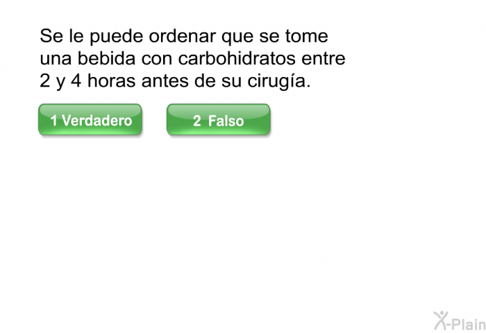 Se le puede ordenar que se tome una bebida con carbohidratos entre 2 y 4 horas antes de su ciruga.