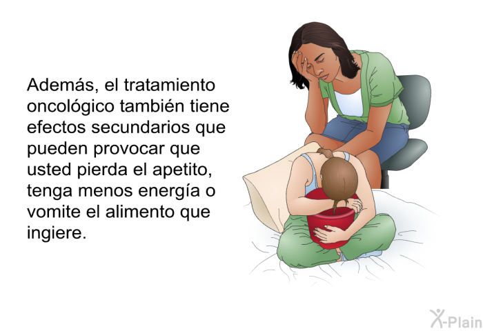 Adems el tratamiento oncolgico tambin tiene efectos secundarios que pueden provocar que usted pierda el apetito, tenga menos energa o vomite el alimento que ingiere.