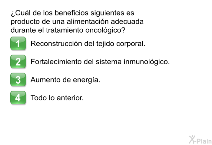 ¿Cul de los beneficios siguientes es producto de una alimentacin adecuada durante el tratamiento oncolgico?  Reconstruccin del tejido corporal Fortalecimiento del sistema inmunolgico Aumento de energa Todo lo anterior