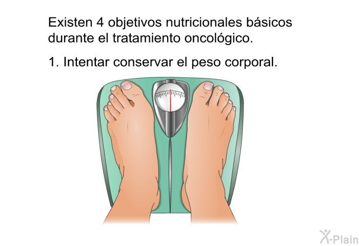 Existen 4 objetivos nutricionales bsicos durante el tratamiento oncolgico.  Intentar conservar el peso corporal.