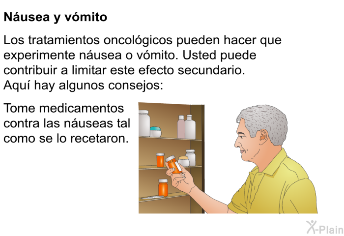 <B>N�usea y v�mito:</B> Los tratamientos oncol�gicos pueden hacer que experimente n�usea o v�mito. Usted puede contribuir a limitar este efecto secundario. Aqu� hay algunos consejos: 
 Tome medicamentos contra las n�useas tal como se lo recetaron.