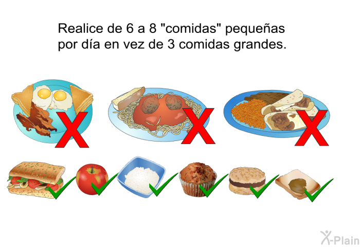 Realice de 6 a 8 &ldquo;comidas&rdquo; peque�as por d�a en vez de 3 comidas grandes.
