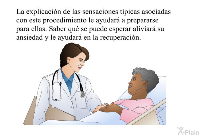 La explicacin de las sensaciones tpicas asociadas con este procedimiento le ayudar a prepararse para ellas. Saber qu se puede esperar aliviar su ansiedad y le ayudar en la recuperacin.