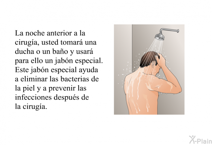La noche anterior a la ciruga, usted tomar una ducha o un bao y usar para ello un jabn especial. Este jabn especial ayuda a eliminar las bacterias de la piel y a prevenir las infecciones despus de la ciruga.