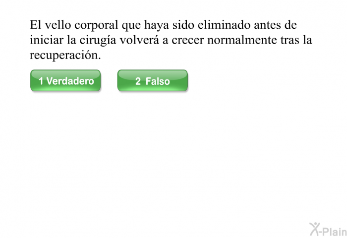 El vello corporal que haya sido eliminado antes de iniciar la ciruga volver a crecer normalmente tras la recuperacin.