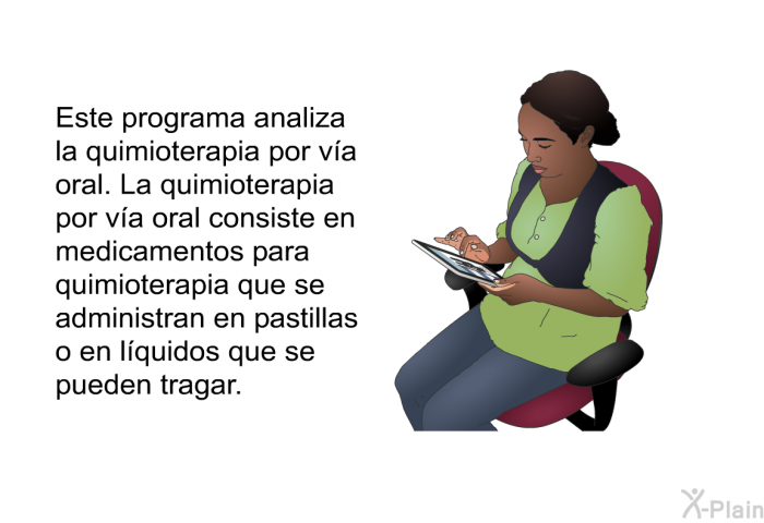 Esta informacin acerca de su salud analiza la quimioterapia por va oral. La quimioterapia por va oral consiste en medicamentos para quimioterapia que se administran en pastillas o en lquidos que se pueden tragar.