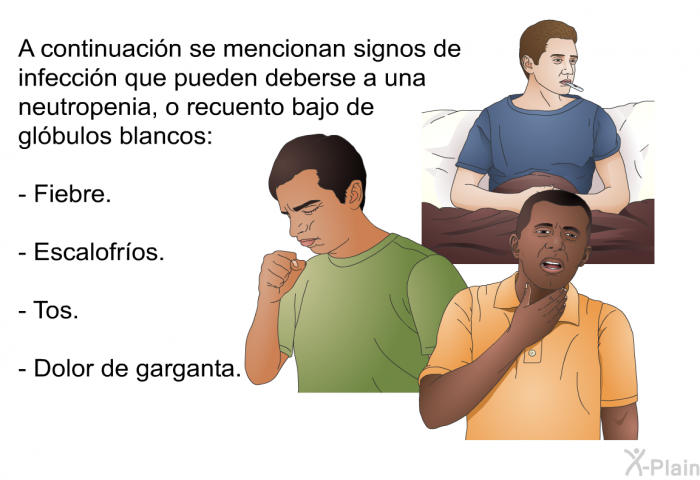 A continuacin se mencionan signos de infeccin que pueden deberse a una neutropenia, o recuento bajo de glbulos blancos:  Fiebre. Escalofros. Tos. Dolor de garganta.