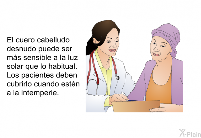El cuero cabelludo desnudo puede ser ms sensible a la luz solar que lo habitual. Los pacientes deben cubrirlo cuando estn a la intemperie.