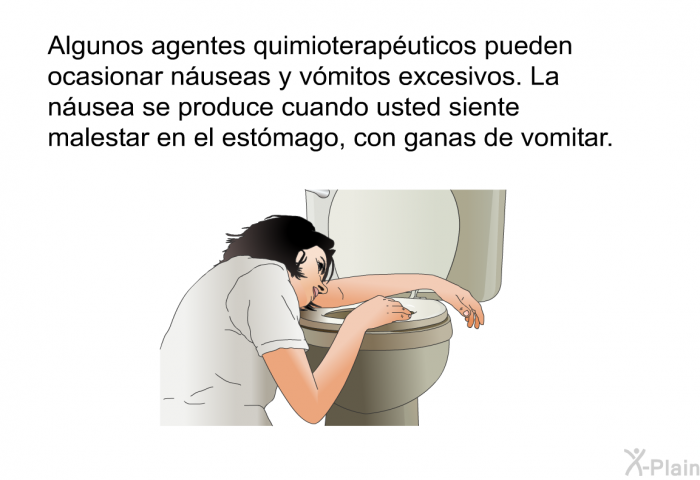 Algunos agentes quimioteraputicos pueden ocasionar nuseas y vmitos excesivos. La nusea se produce cuando usted siente malestar en el estmago, con ganas de vomitar.