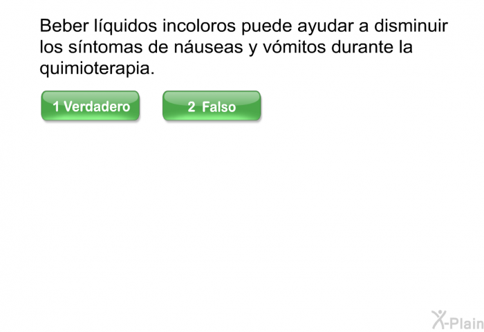 Beber lquidos incoloros puede ayudar a disminuir los sntomas de nuseas y vmitos durante la quimioterapia.