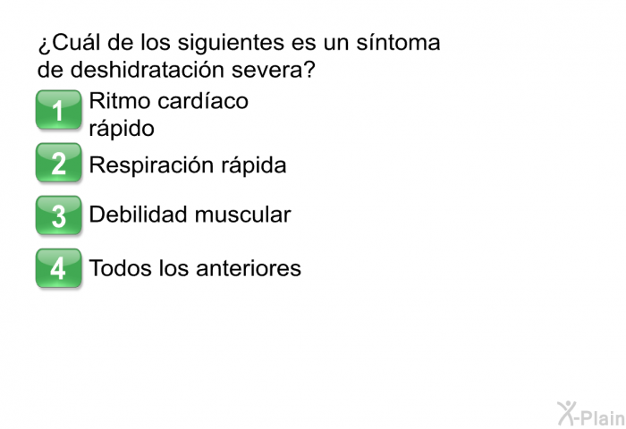 ¿Cul de los siguientes es un sntoma de deshidratacin severa?  Ritmo cardaco rpido Respiracin rpida Debilidad muscular Todos los anteriores
