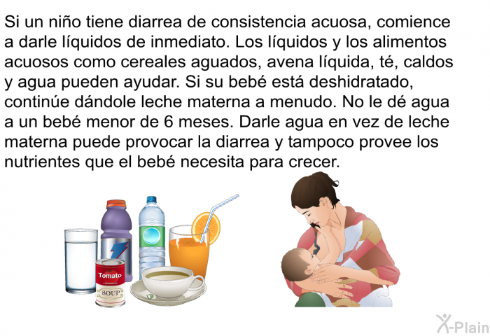 Si un nio tiene diarrea de consistencia acuosa, comience a darle lquidos de inmediato. Los lquidos y los alimentos acuosos como cereales aguados, avena lquida, t, caldos y agua pueden ayudar. Si su beb est deshidratado, contine dndole leche materna a menudo. No le d agua a un beb menor de 6 meses. Darle agua en vez de leche materna puede provocar la diarrea y tampoco provee los nutrientes que el beb necesita para crecer.