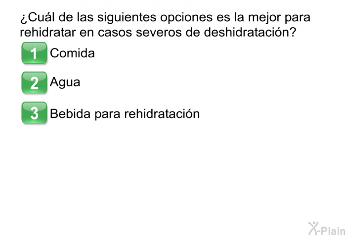 ¿Cul de las siguientes opciones es la mejor para rehidratar en casos severos de deshidratacin?  Comida Agua Bebida para rehidratacin