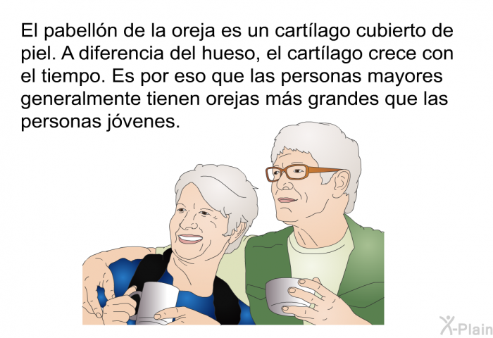 El pabelln de la oreja es un cartlago cubierto de piel. A diferencia del hueso, el cartlago crece con el tiempo. Es por eso que las personas mayores generalmente tienen orejas ms grandes que las personas jvenes.