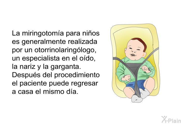 La miringotom�a para ni�os es generalmente realizada por un otorrinolaring�logo, un especialista en el o�do, la nariz y la garganta. Despu�s del procedimiento el paciente puede regresar a casa el mismo d�a.&nbsp;