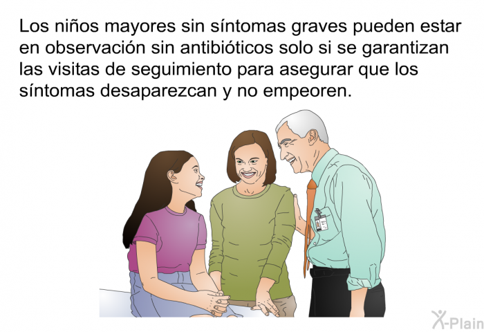 Los ni�os mayores sin s�ntomas graves pueden estar en observaci�n sin antibi�ticos solo si se garantizan las visitas de seguimiento para asegurar que los s�ntomas desaparezcan y no empeoren.