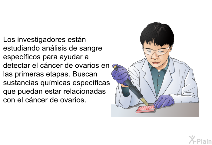 Los investigadores est�n estudiando an�lisis de sangre espec�ficos para ayudar a detectar el c�ncer de ovarios en las primeras etapas. Buscan sustancias qu�micas espec�ficas que puedan estar relacionadas con el c�ncer de ovarios.