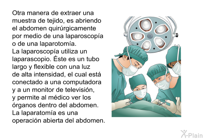 Otra manera de extraer una muestra de tejido, es abriendo el abdomen quir�rgicamente por medio de una laparoscop�a o de una laparotom�a. La laparoscop�a utiliza un laparascopio. &Eacute;ste es un tubo largo y flexible con una luz de alta intensidad, el cual est� conectado a una computadora y a un monitor de televisi�n, y permite al m�dico ver los �rganos dentro del abdomen. La laparatom�a es una operaci�n abierta del abdomen.