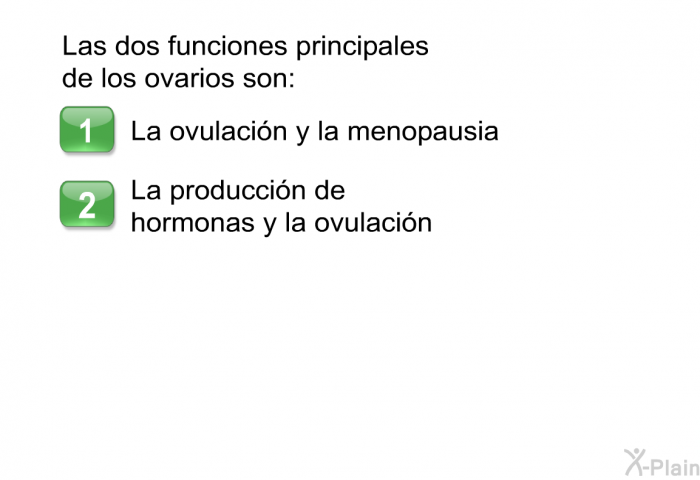  Las dos funciones principales de los ovarios son:  La ovulacin y la menopausia La produccin de hormonas y la ovulacin