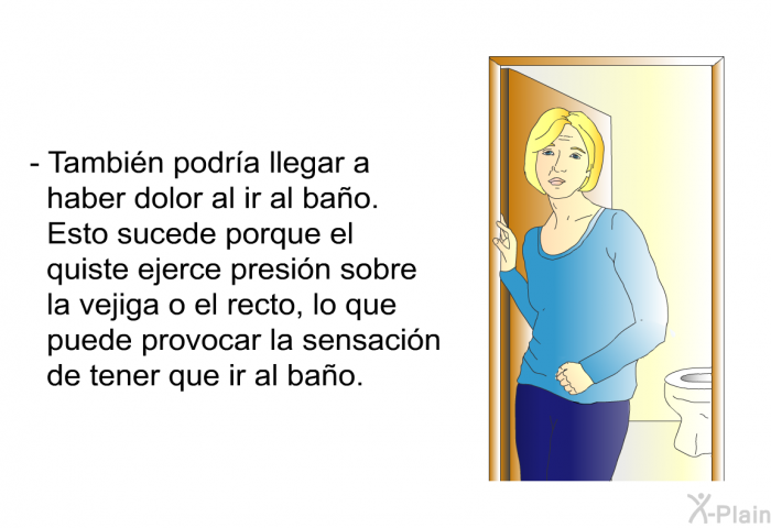 Tambi�n podr�a llegar a haber dolor al ir al ba�o. Esto sucede porque el quiste ejerce presi�n sobre la vejiga o el recto, lo que puede provocar la sensaci�n de tener que ir al ba�o.&nbsp;